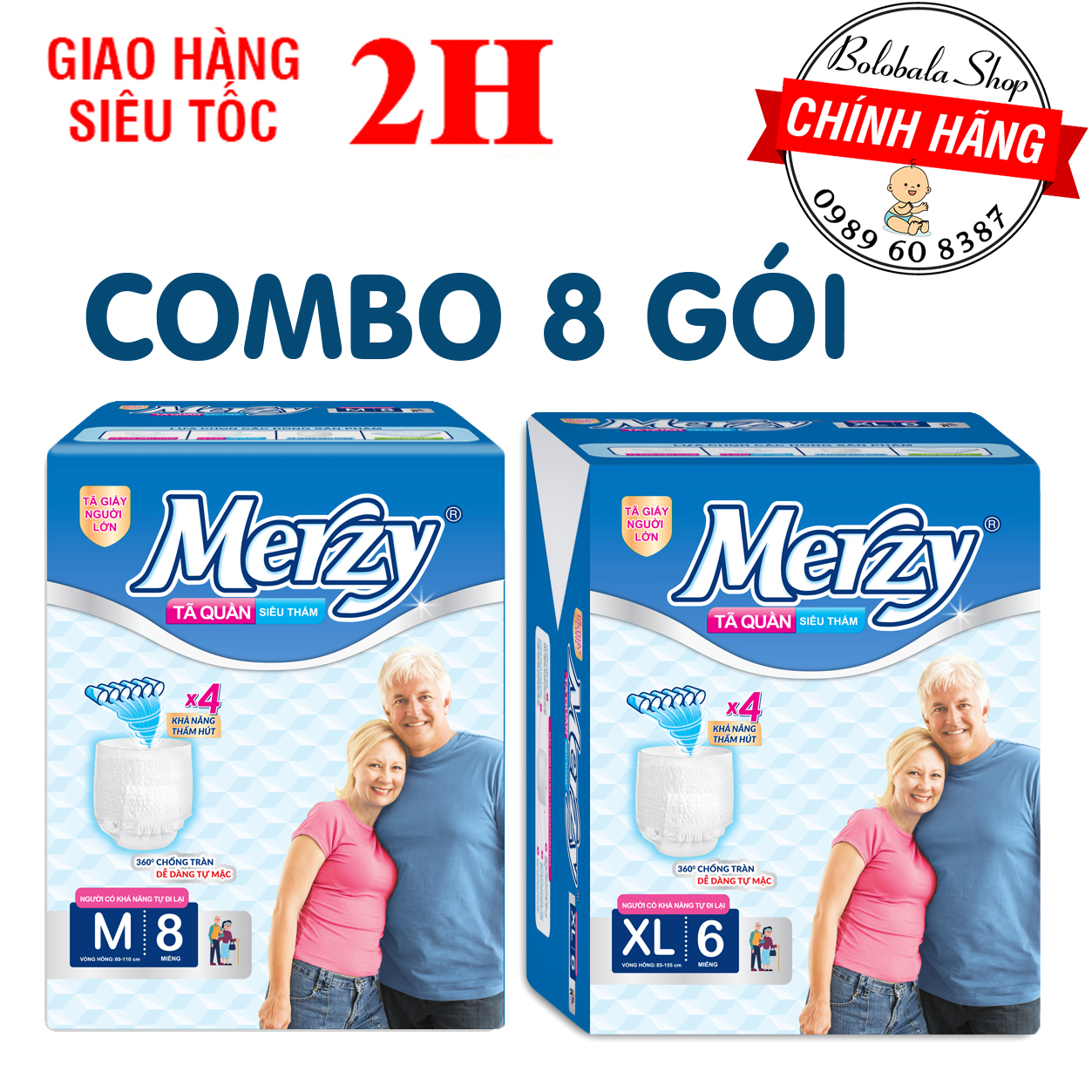 Combo 8 gói Tã quần người lớn MERZY M8/ L7 miếng