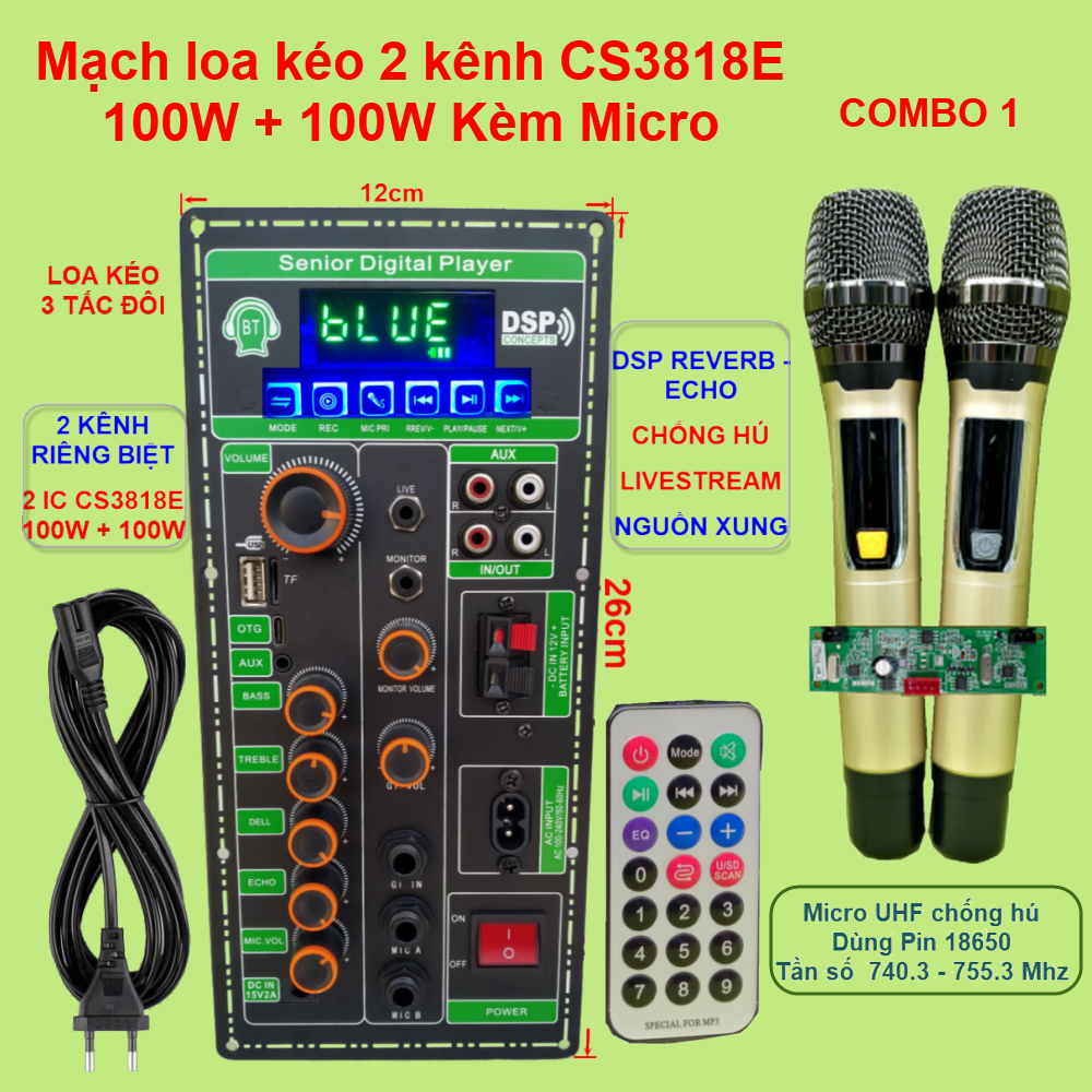 Mạch loa kéo 2 kênh livestream dsp reverb – echo chống hú 2 ic cs3818e 100w + 100w – loa kéo 3 tấc đôi kèm micro