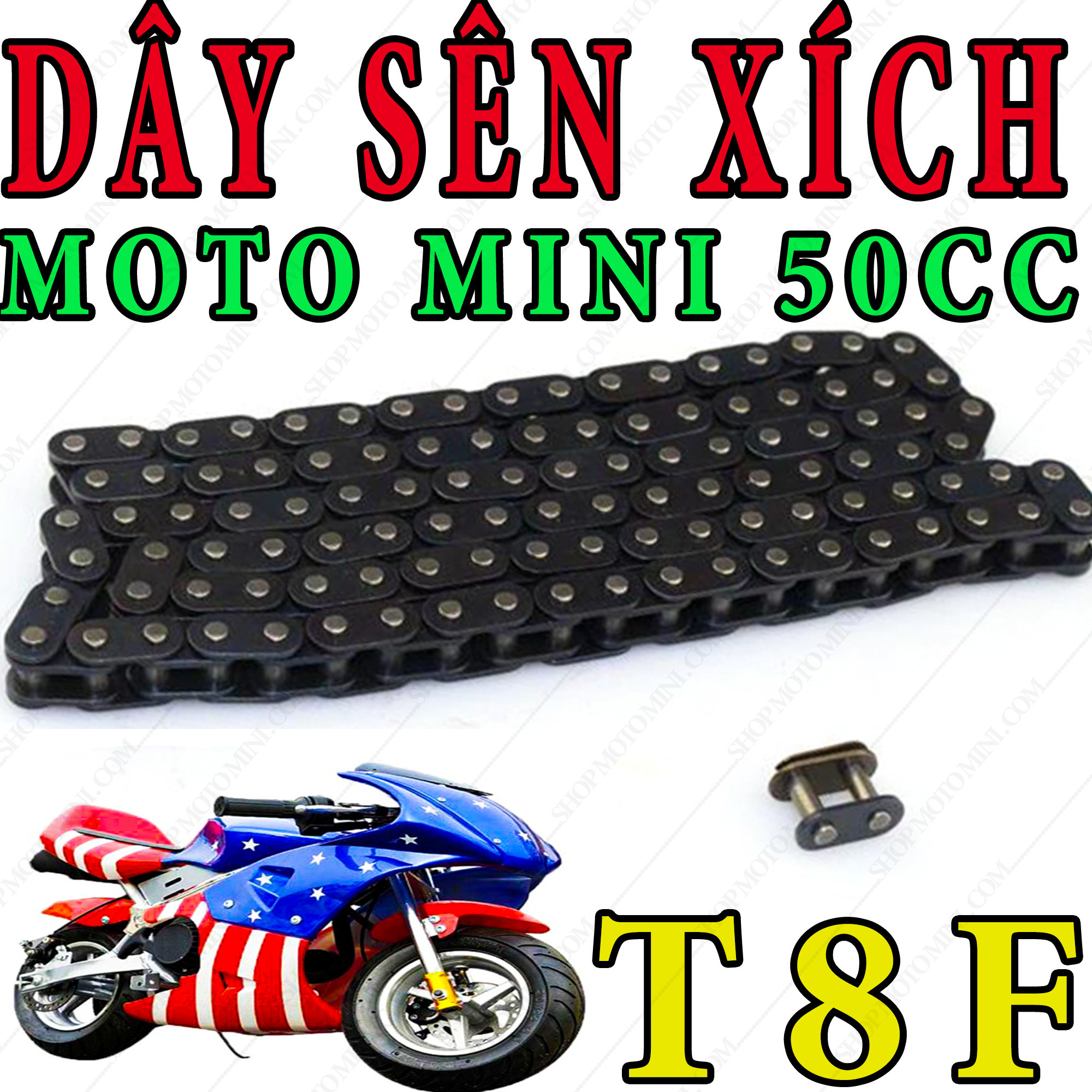 Bộ dây sên xích xe mô tô mini 50cc ( T8F ) | phụ tùng dây sên xích dùng cho xe moto mini 49cc trẻ em gắn máy cắt cỏ