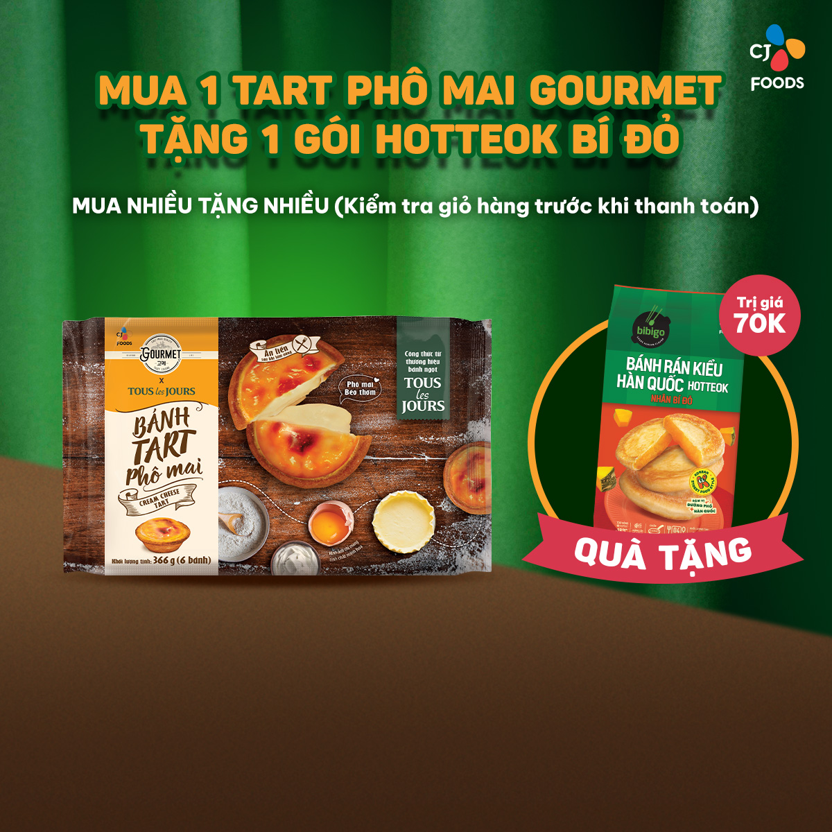 [Mua Tart Phô mai tặng Bánh rán Hotteok] Bánh Tart Trứng / Bánh Tart Phô Mai CJ Gourmet x Tous les Jours (6 bánh béo thơm)
