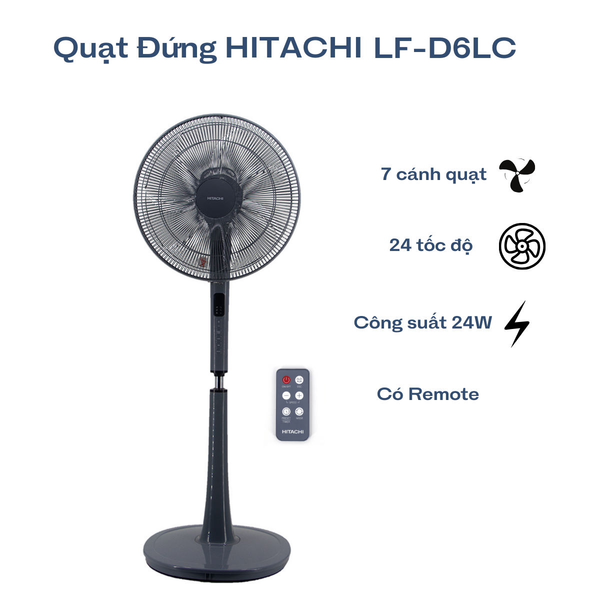 Quạt cây hitachi lf-d6rc, 24w, động cơ dc tiết kiệm điện, thiết kế khí động học chống rung, màu xám