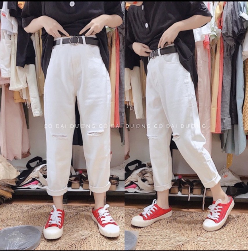 Quần kaki baggy nữ 2 màu/ màu đen/ màu trắng kiểu rách nhẹ và trơn - Chất kaki tốt