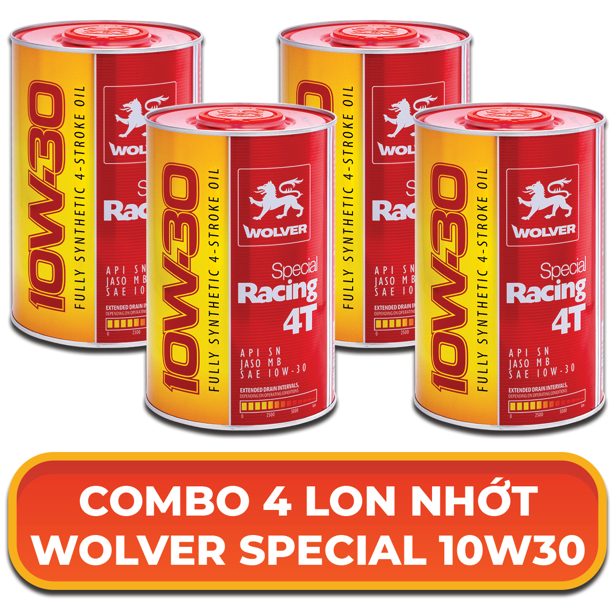 NHẬN QUÀ VỚI COMBO 4 LON - NHỚT XE TAY GA WOLVER SPECIAL RACING 10W30 - FULLY SYNTHETIC - 0.8L JASO MB