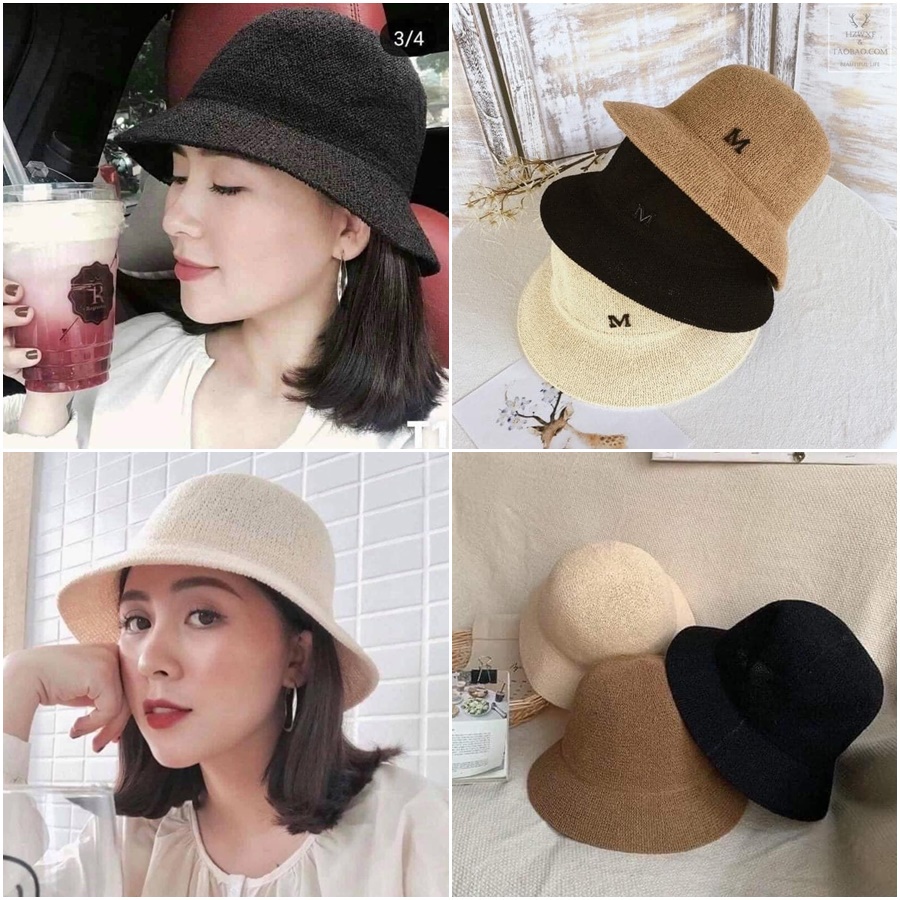 Nón cói,Mũ cói đi biển nữ vành nhỏ đẹp in chữ M xinh xắn