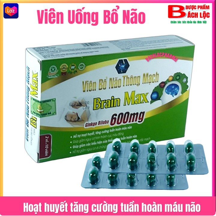 Viên Bổ Não Thông Mạch Brain Max Ginkgo Biloba 600mg Người Thiếu Máu Gây Đau Đầu Chóng Mặt Rối Loạn Tiền Đình Mất Ngủ Suy Giảm Trí Nhớ Căng Thẳng Thần Kinh - Dược Phẩm Bách Lộc