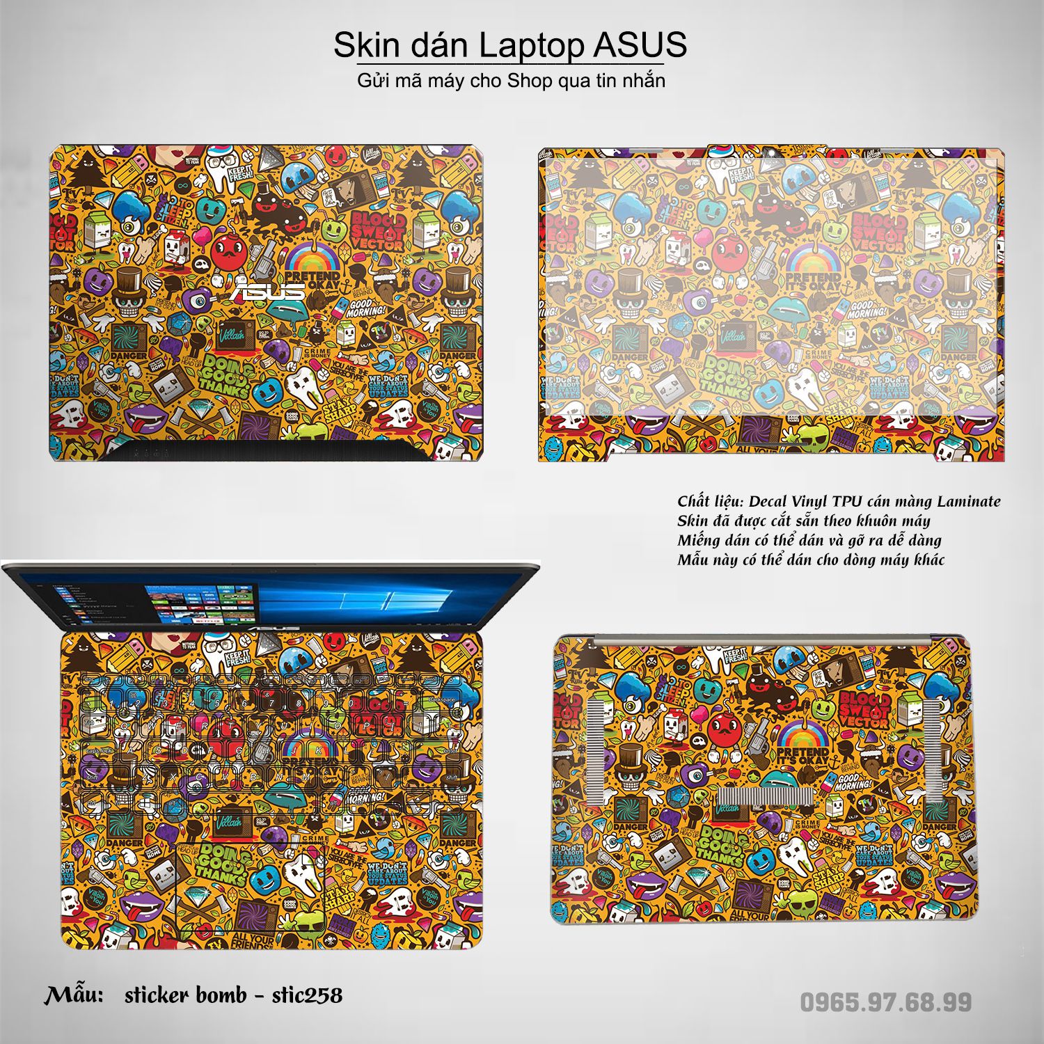 Decal Skin dán Laptop Asus mẫu sticker bomb (inbox mã máy cho shop)