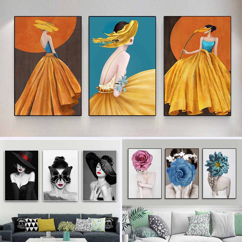 Set 3 tranh treo tường hình cô gái nghệ thuật, vải canvas nhập khẩu, khung composite bền, đẹp