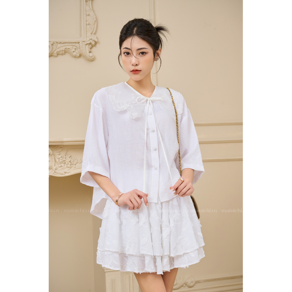 Áo sơ mi linen cổ thêu họa tiết phối