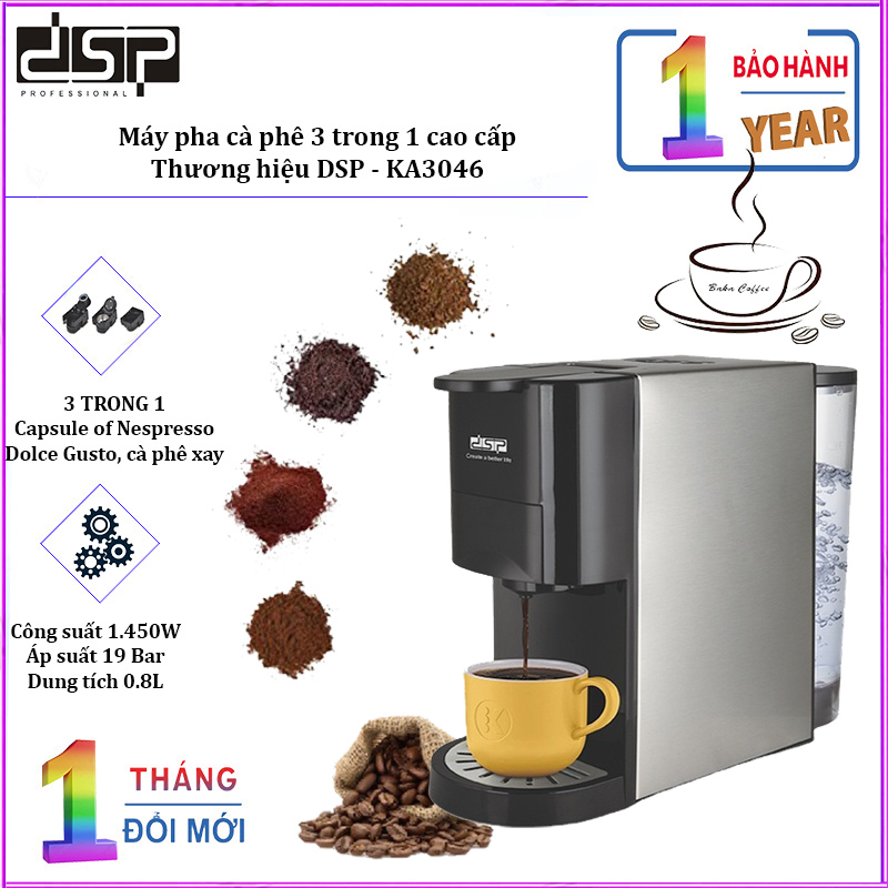 Máy pha cà phê 3 trong 1 nhãn hiệu dsp ka3046 bảo hành chính hãng 12 tháng
