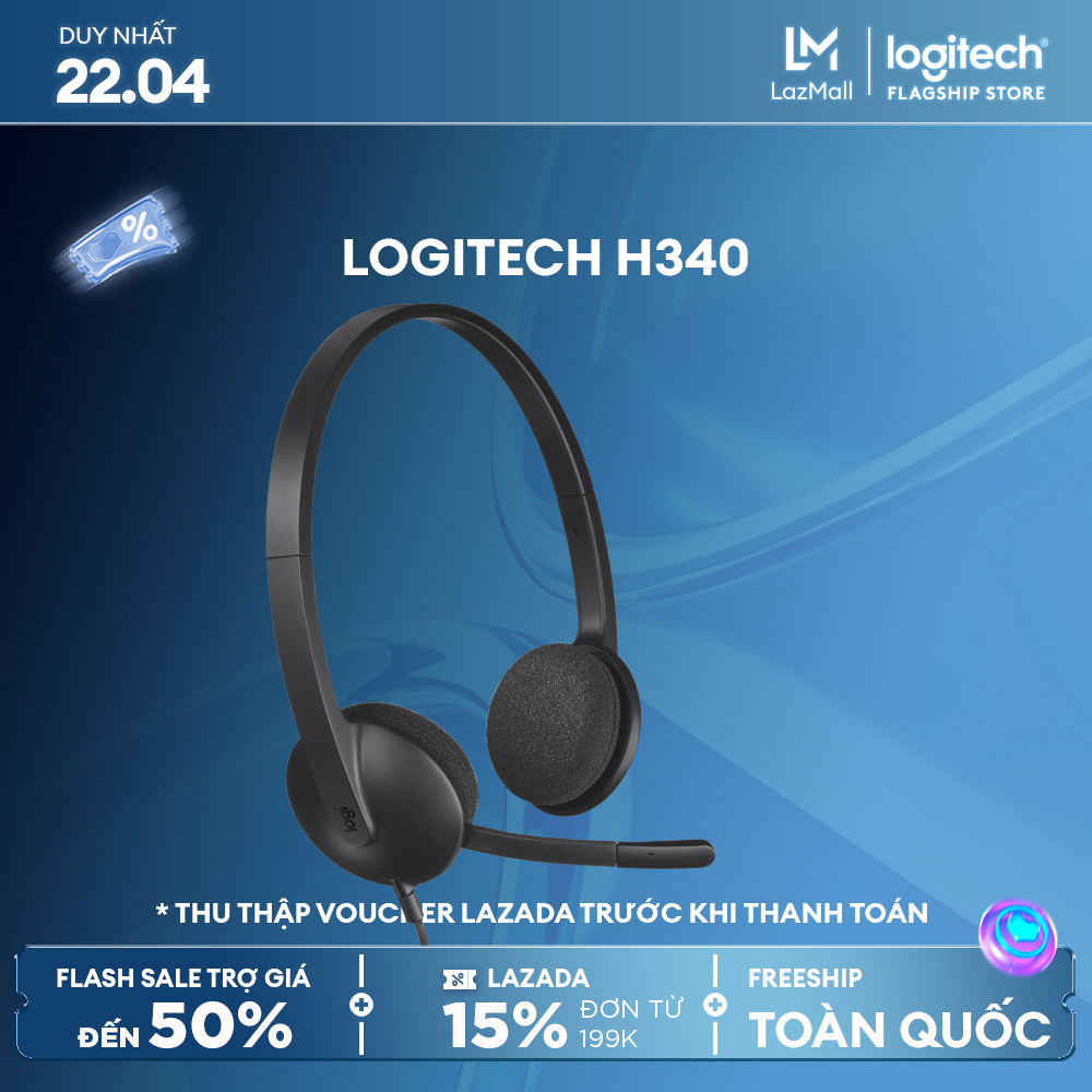 Tai nghe có dây Logitech H340 - Mic giảm ồn, điều khiển trên dây, âm thanh kỹ thuật số, đệm tai thoải mái, kết nối USB-A