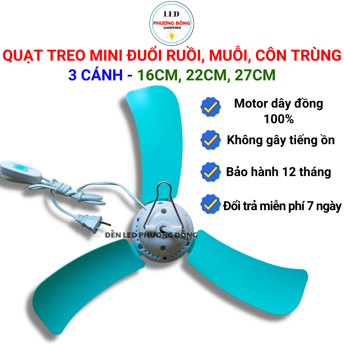 Quạt treo mini đuổi ruồi muỗi, côn trùng - 3 cánh 16cm/ 22cm/ 27cm