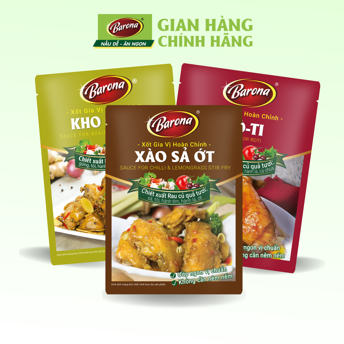 Combo 1 gói Gia Vị Kho Gừng  Barona 80g + 1 gói Xào Sả Ớt 80g + 1 gói Rô ti 80g