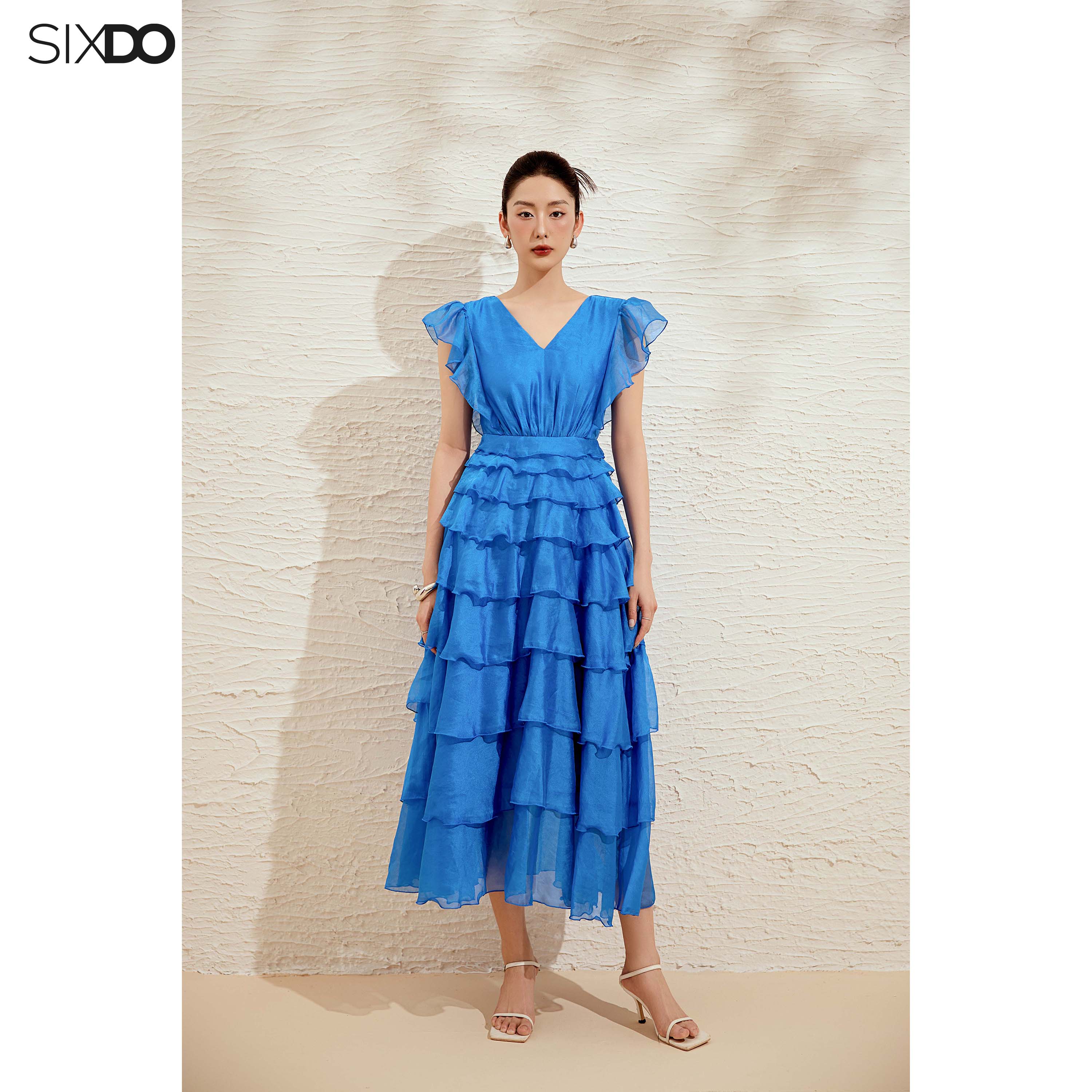  Đầm tơ organza xòe tầng cổ V không tay SIXDO  Blue Organza Flared Dress  