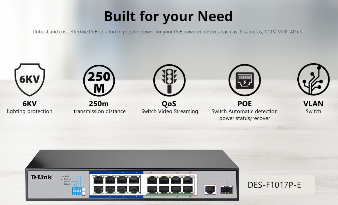 Switch poe 16 port d-link des-f1017p