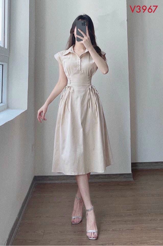Đầm nữ, đầm dạo phố cổ sơ mi rút dây 2 bên eo