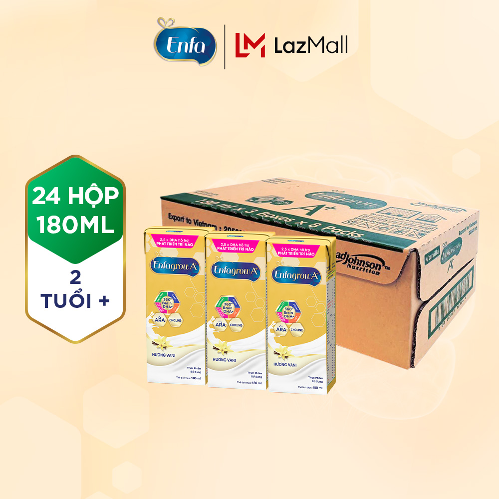 (CHỈ 19.8 MUA 1 TẶNG 1 QUÀ - SLCH) Thùng 24 hộp sữa nước Enfagrow A+ 4 vị Vani 180ml cho trẻ trên 2 tuổi (8 lốc)