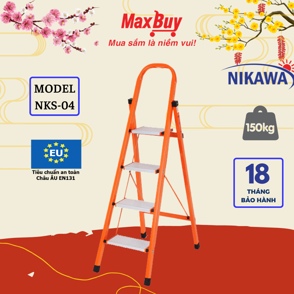 Thang nhôm ghế gia đình 4 bậc Nikawa Chắc chắn gấp gọn chân chống trượt Dễ dàng di chuyển Chiều cao tối đa 95cm Bảo hành 18 tháng NKS-04