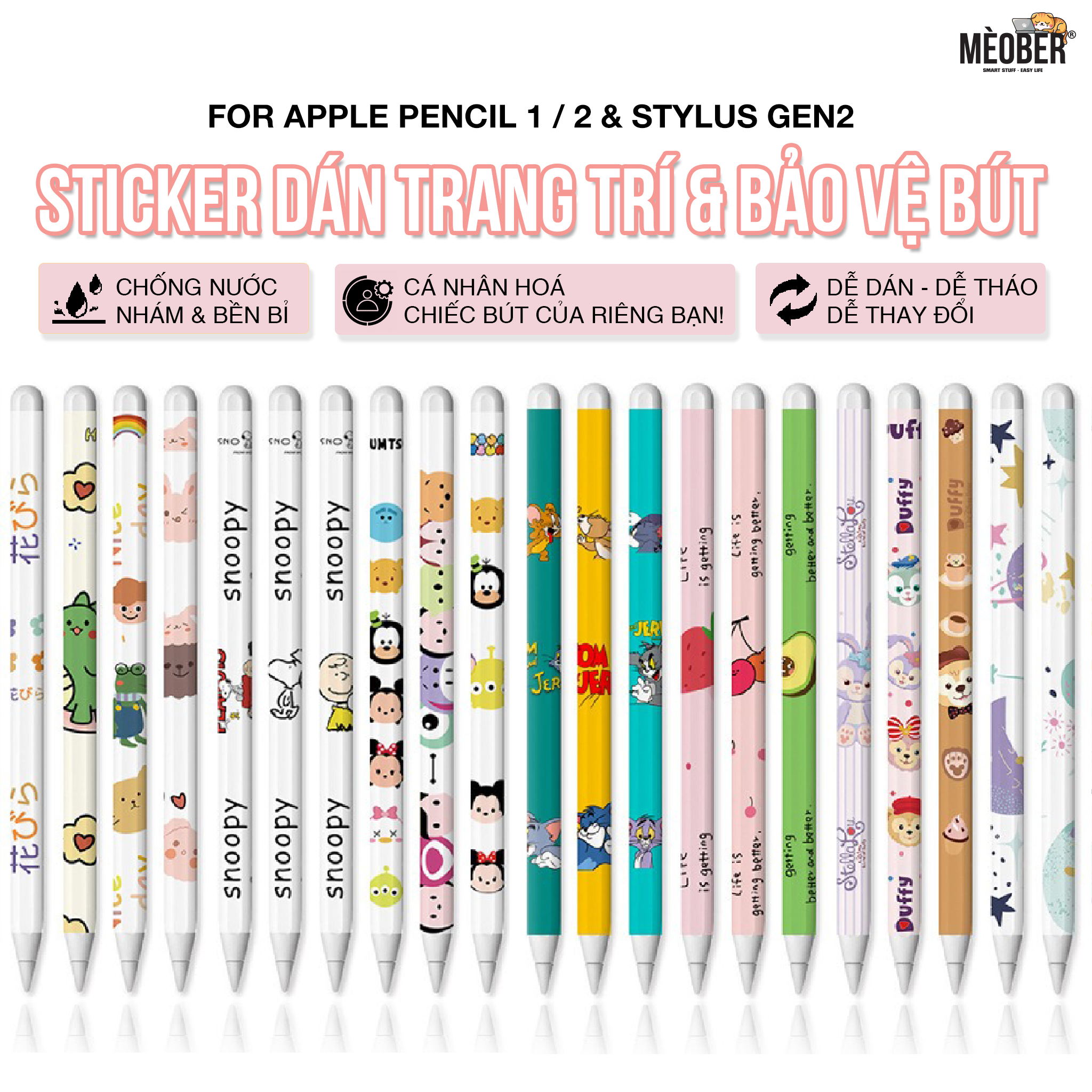 Miếng dán decal cute bảo vệ bút Apple Pencil 1 / 2 & Stylus Gen2 - Chống trầy, kháng nước, hạn chế bám mồ hôi