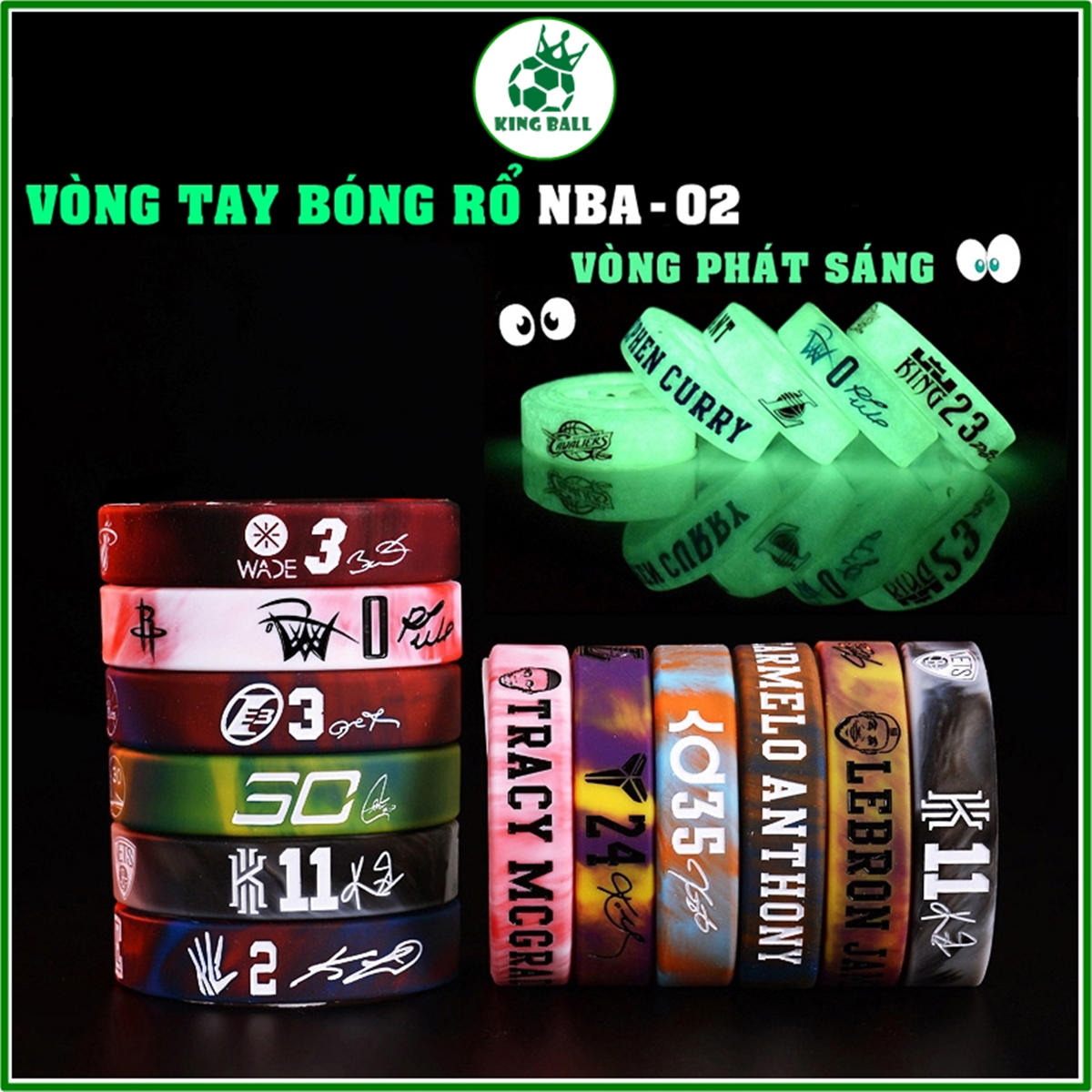 Vòng tay bóng rổ 2.0 vòng đeo tay cao su thể thao nam nữ phản quang phát sáng kobe curry james kyrie jordan giannis