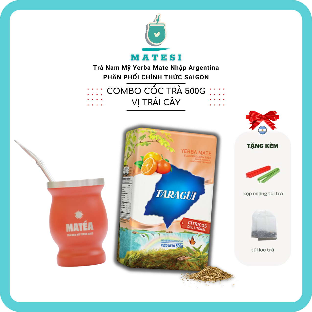 Combo trà vị trái cây 500g + cốc - trà nam mỹ - tặng kẹp trà & free 10 túi lọc tái sử dụng