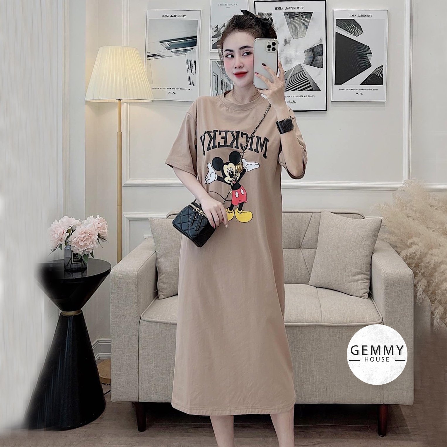 Váy xuông dài, Váy suông bầu chất cotton Gemmy House in hình Mickey new