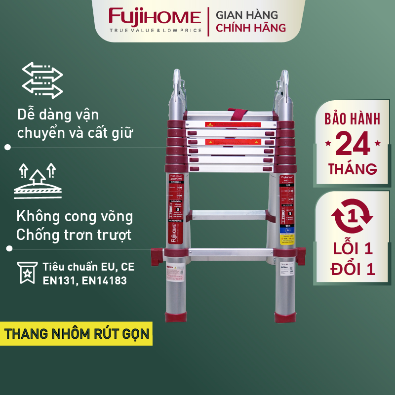Thang nhôm rút chữ A gấp gọn 4,4M - 5M chính hãng FUJIHOME, thang rút đôi gia đình xếp gọn đa năng Nhập Khẩu