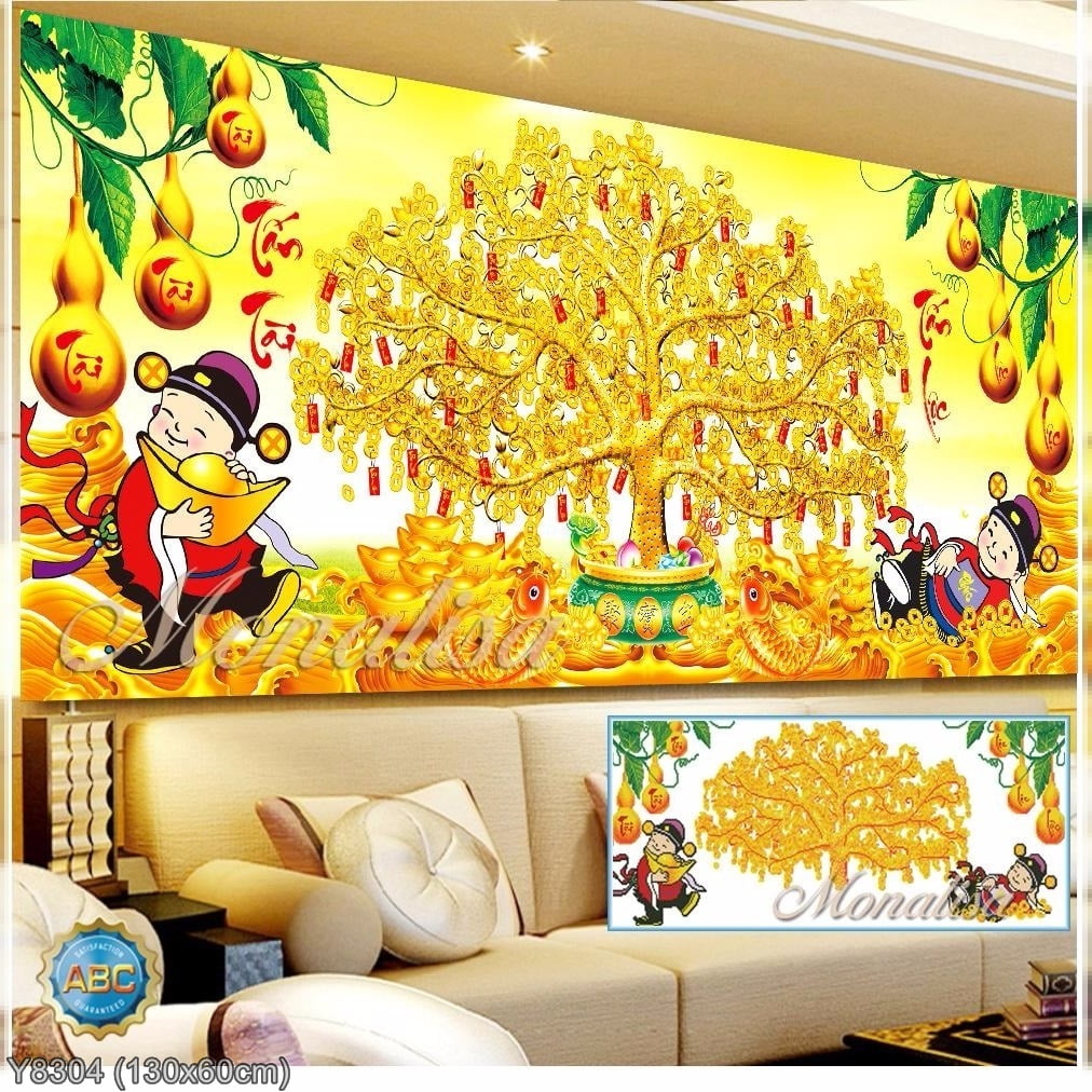 (tranh chưa gắn đá) Tranh đính đá Cây tiền tấn tài tấn lộc 120x60