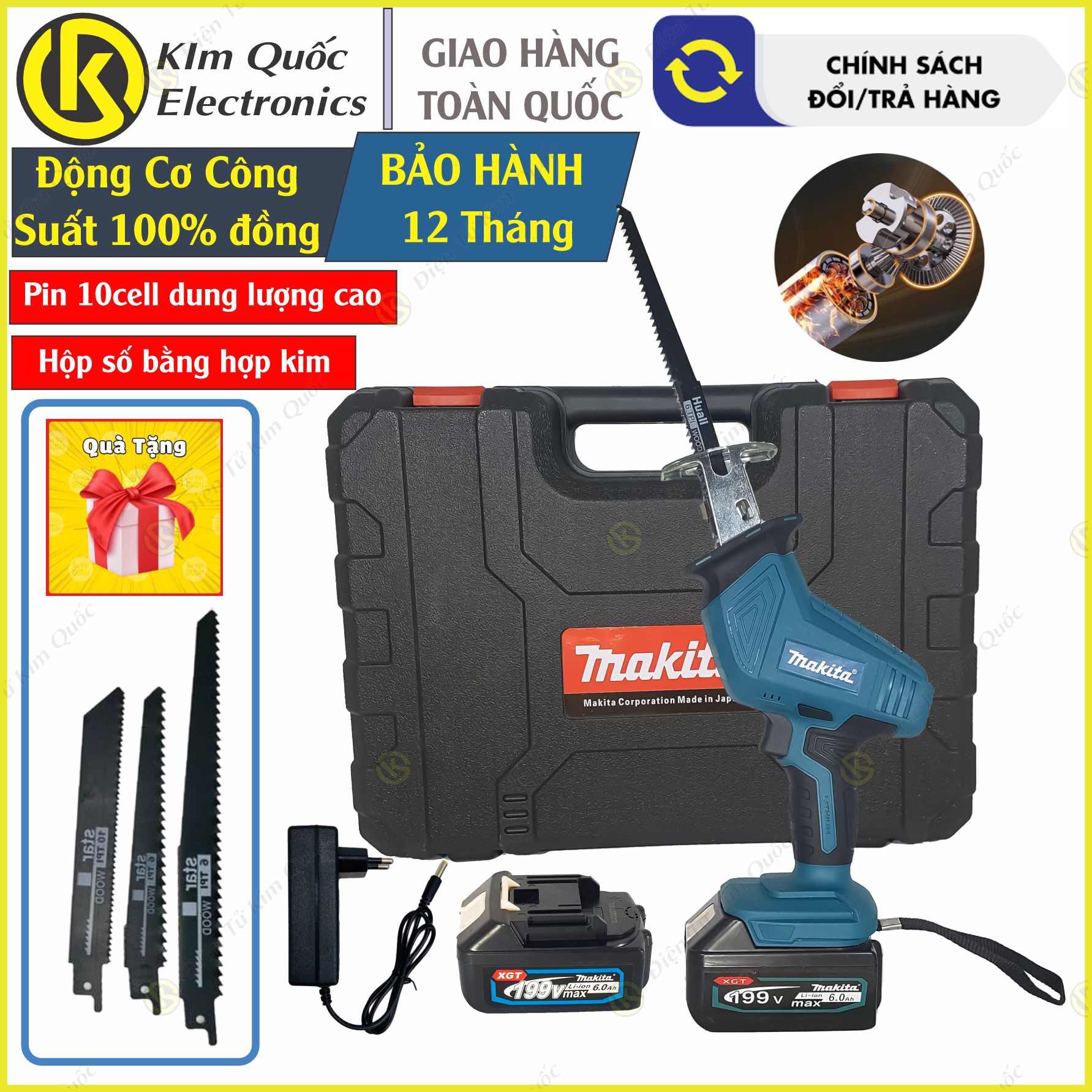 Máy cưa kiếm dùng pin makita 18v - động cơ dây đồng - tặng 4 lưỡi cưa - bảo hành 12 tháng - máy cắt gỗ 10cell