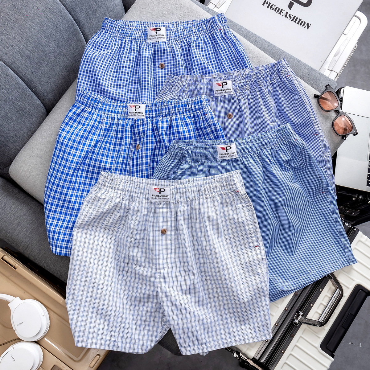 Combo 5 Quần Đùi Nam Caro vải Cotton 100%, có túi Pigo Fashion Qdcr03 (Màu Ngẫu Nhiên)