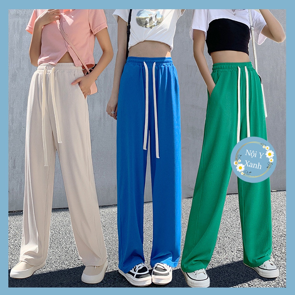 [Hoàn tiền 25%] Quần dài đi biển lưng cao ống rộng màu trơn phối dây rút ống rộng thời trang dành cho nữ mùa hè