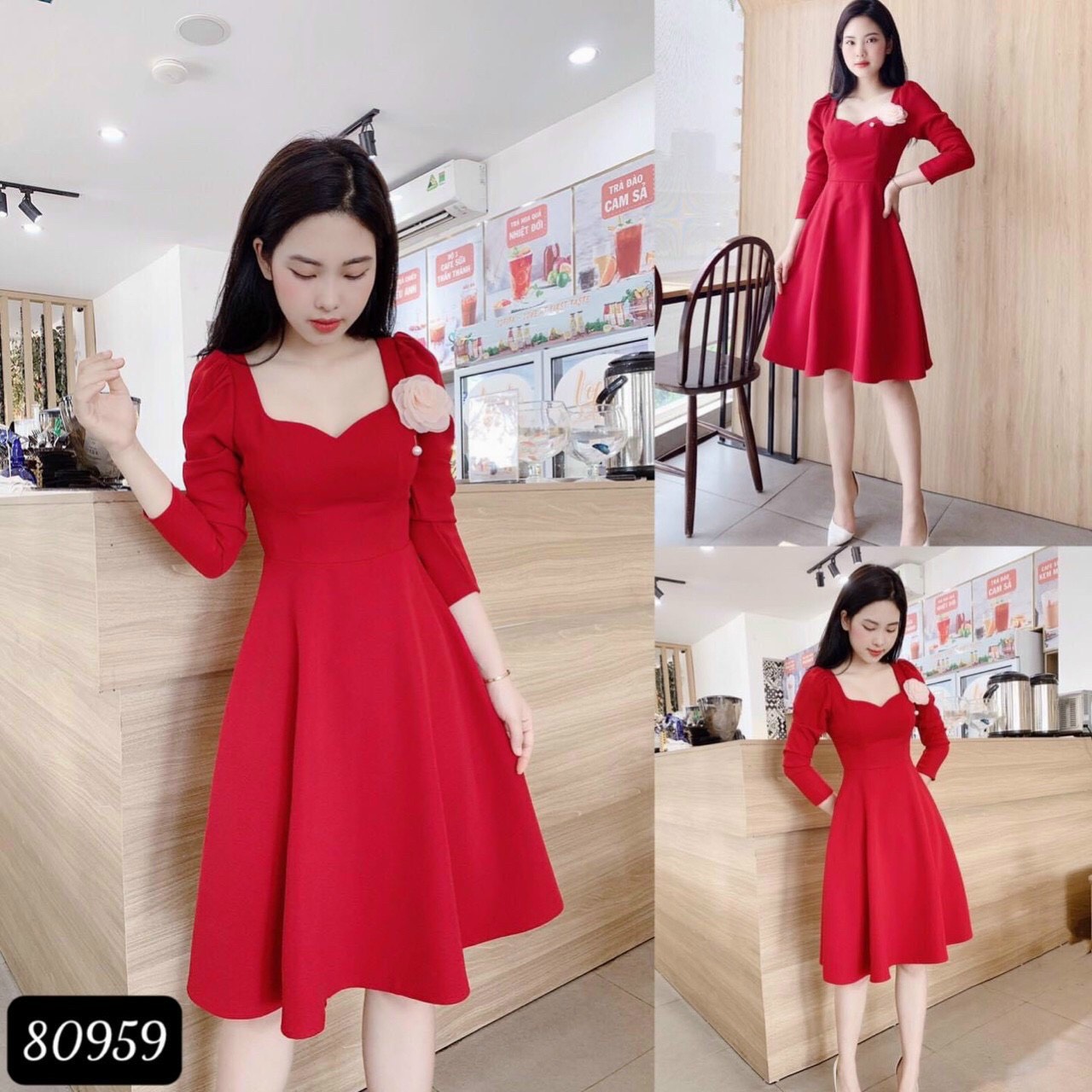 [HCM]đầm xoè công chúa đỏ phôi  hoa  cài ngực dự tiệc quý phái