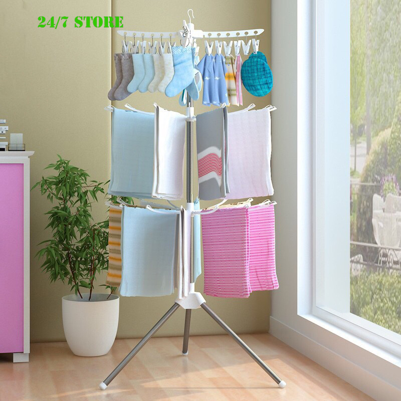 Cây phơi quần áo đa năng cho bé 3 tầng cao cấp, giá phơi đồ 3 tầng đa năng, giàn phơi quần áo sơ sinh gấp gọn tiện ích cho gia đình