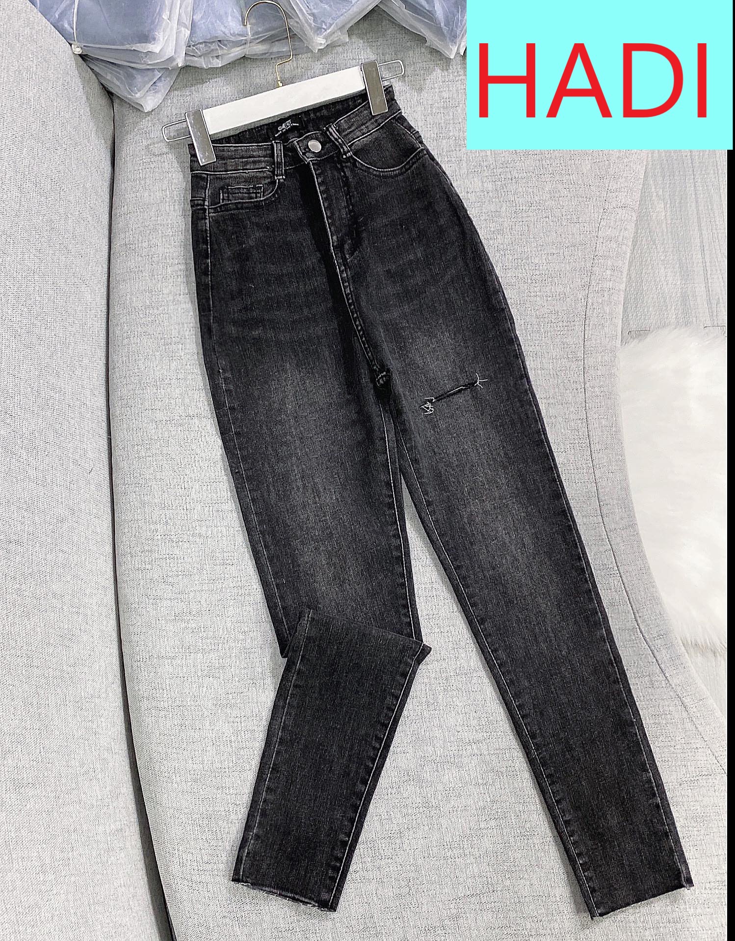 [ HÀO SẢNG ] QUẦN SKINNY JEANS GIÃN DÀI NỮ LƯNG CAO LAI TUA RÁCH ĐÙI TRÁI CAO MÀU XÁM ĐẬM RÂU MÈO GIÃN SIÊU ĐỈNH HADI