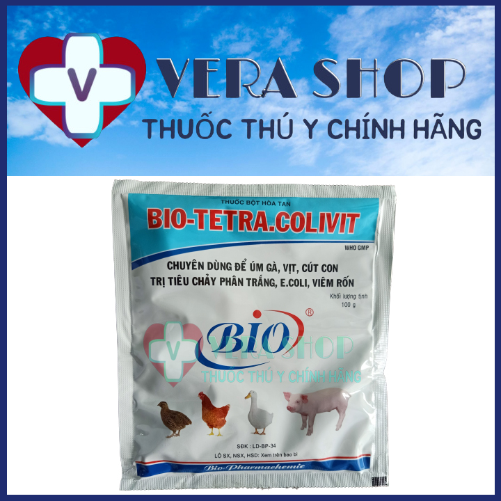 BIO TETRA COLIVIT 100G - Thuốc úm gà, vịt, cút con mới nở, trị tiêu chảy phân trắng, Ecoli, viêm rốn - Sỉ Lẻ Thuốc Thú Y