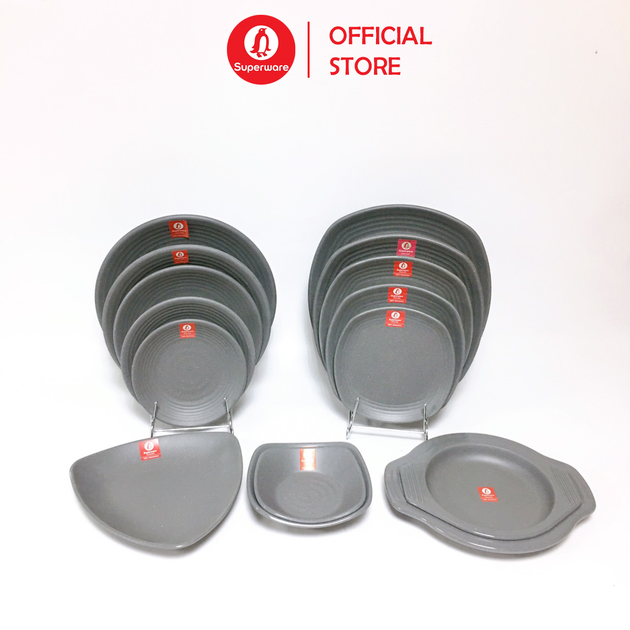 Bộ đĩa tròn, đĩa vuông, đĩa tam giác superware nhựa phíp 100% melamine - dark grey
