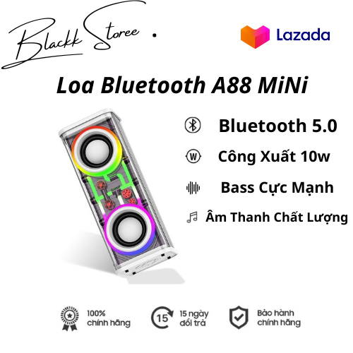 Loa Bluetooth Mini A88, Bass Mạnh Nghe Nhạc Cực Chill , Có Đèn Led &amp; Khe Cắm Thẻ Nhớ, Bluetooth 5.0 , Công Xuất 10w, Kết Nối 2 Loa Cùng Lúc TWS