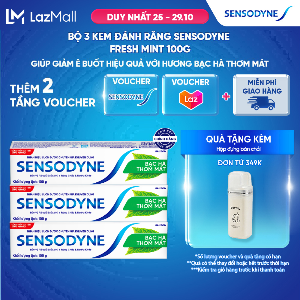Bộ 3 Kem đánh răng SENSODYNE Fresh Mint 100g giúp giảm ê buốt hiệu quả với hương bạc hà thơm mát