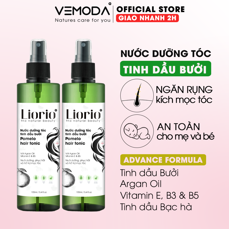 Combo 2 chai nước xịt dưỡng tóc tinh dầu bưởi LIORIO. Tinh dầu bưởi mọc tóc giúp giảm rụng tóc, xịt dưỡng tóc, kích mọc tóc nhanh cho mái tóc dày và dài hơn gấp 2 lần đến 3 lần