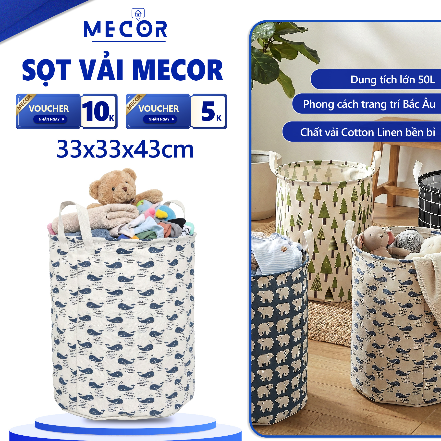  Sọt Vải Cotton Linen Đựng Đồ Đa Năng 50L - Thùng Túi Giỏ Quần Áo Bẩn Tiện Lợi 