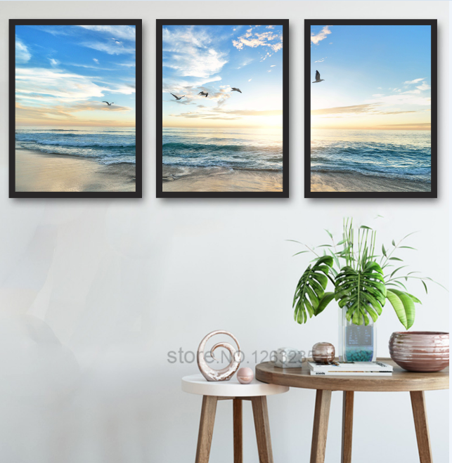 Bộ 3 Khung Tranh Treo Tường Nghệ Thuật In Canvas - Biển Xanh & Hải Âu - Kèm khung