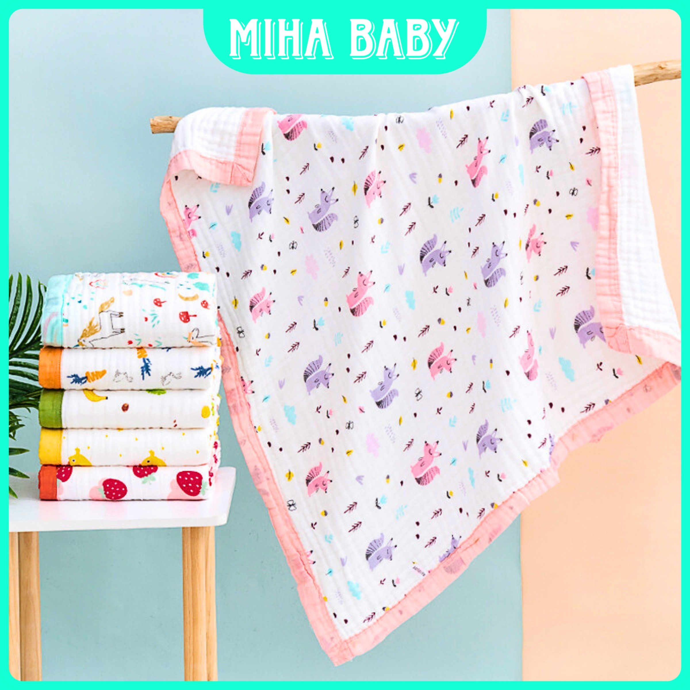 [Chọn Màu] KHĂN TẮM cho bé vải xô 6 lớp SỢI TRE BO VIỀN, khăn tắm mềm mại cho bé sơ sinh size lớn 110cmx105cm Miha Baby