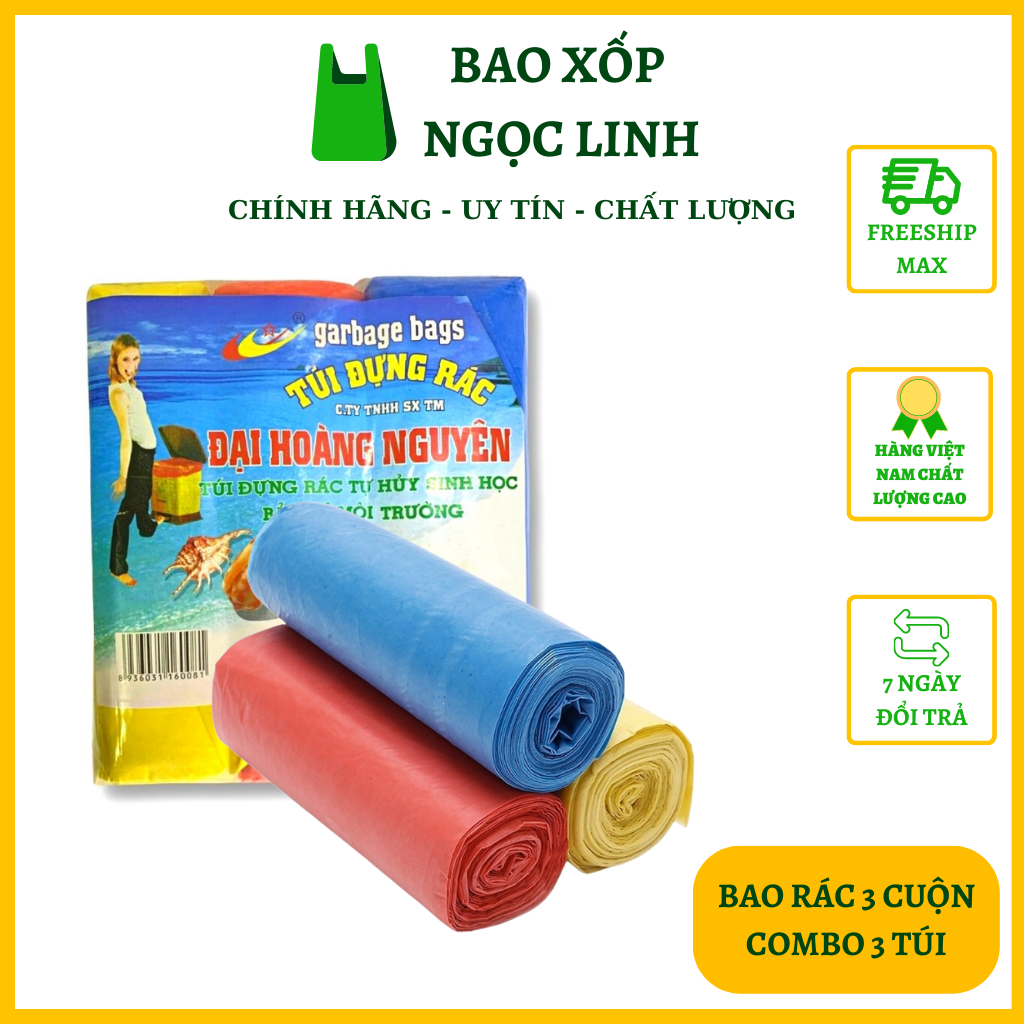 [FREESHIP]Túi Đựng Rác Đại Hoàng Nguyên 3 màu, Bao Xốp Ngọc Linh A1, Bao rác tự hủy sinh học size tiểu trung đại, 3 cuộn thường và tốt 1kg bảo vệ môi trường