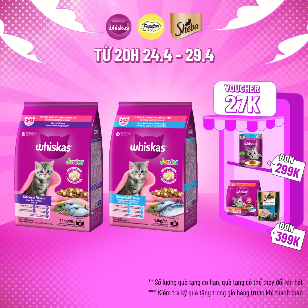 Bộ 2 túi thức ăn WHISKAS®  cho mèo con dạng hạt 1.1kg (2 túi)