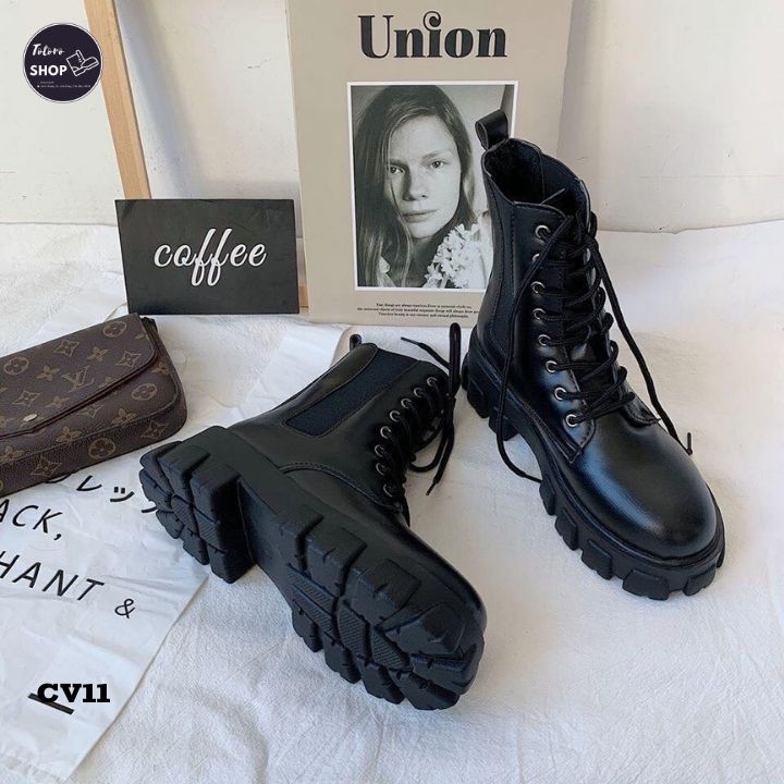 Giày boots nữ cổ vừa da cao cấp phối vải bên hông - cv11
