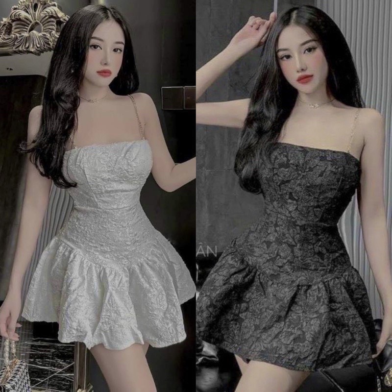 Đầm gấm 2 dây xích nhún đuôi cá