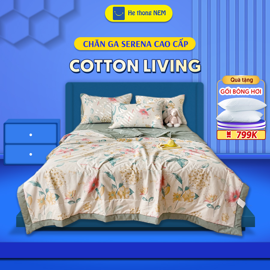 Bộ chăn ga gối đệm 5 món chăn trần bông cao cấp Cotton Living thoáng mát, mềm mại, họa tiết lá SERENA cao cấp