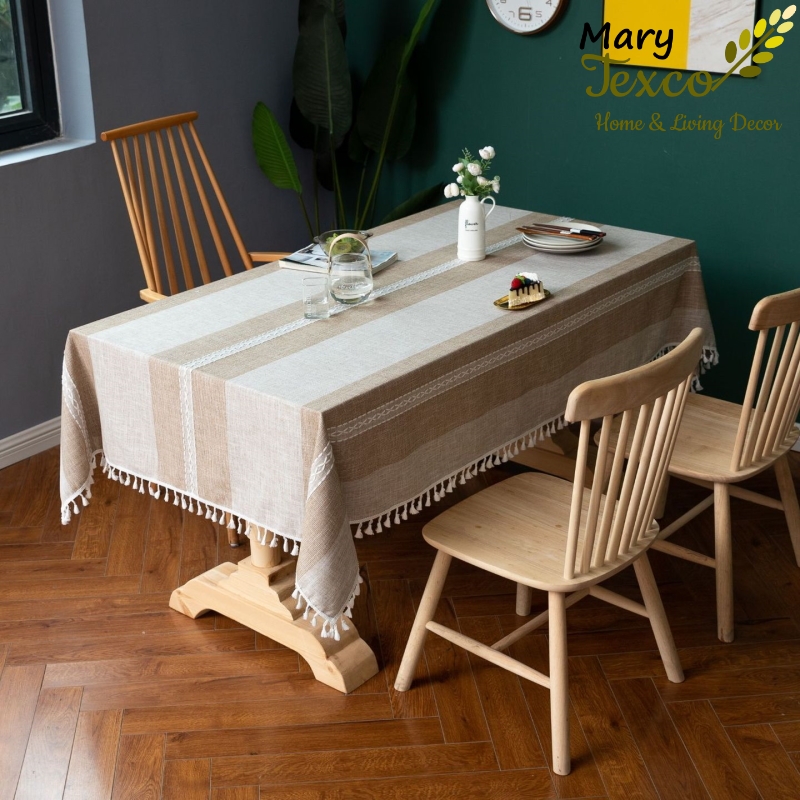 Khăn trải bàn Mary Texco cotton thêu viền pompom trắng trang trí bàn họp văn phòng lịch sự, trang nhã - KBCC08