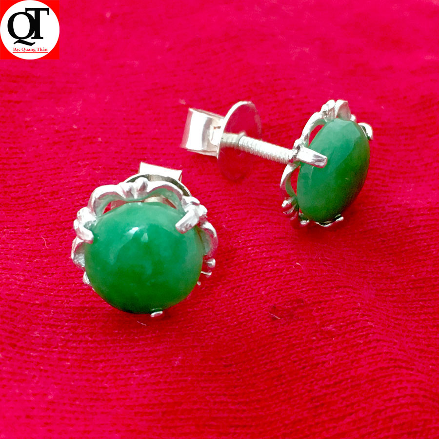 Bông tai nữ Bạc Quang Thản, khuyên tai nụ đá màu xanh ngọc chốt rên chắc chắn đeo sát tai phù hợp đeo cho các bậc trung tuổi  - QTBT5