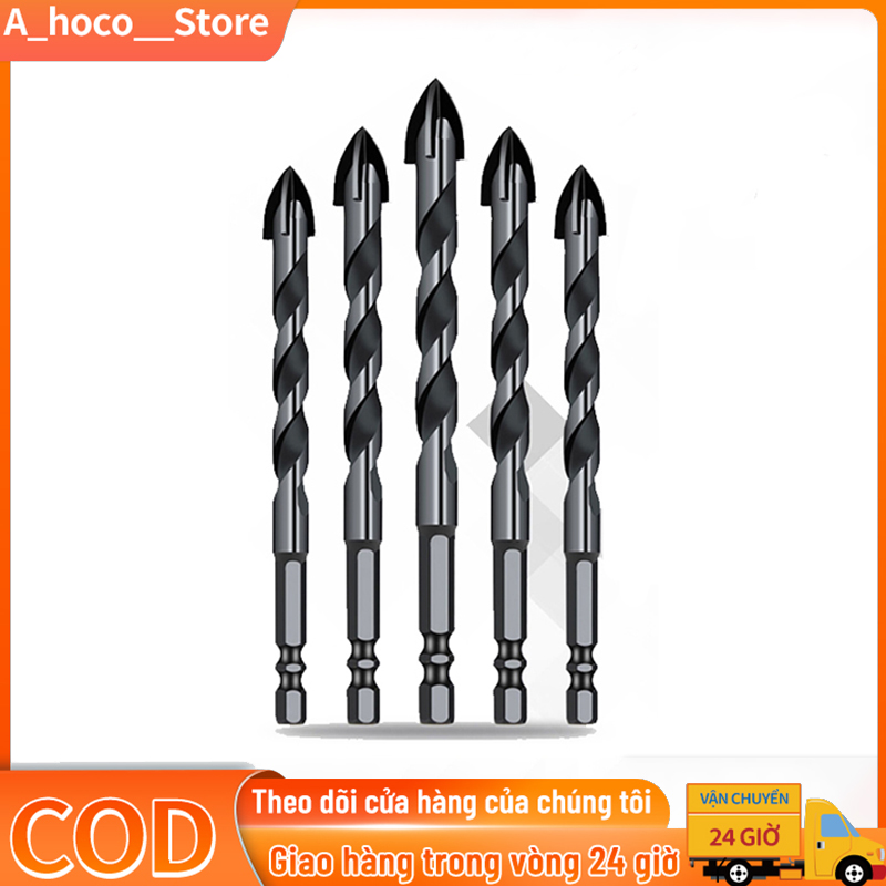 Bộ 5 mũi khoan đa năng chân lục giác 4 cạnh thép đen Nhật 12mm 10mm 8mm 6mm khoan kính thủy đinh gạch ốp lát đá hóa cương nhôm đồng sắt mũi khoan gỗ đá granit gạch men mũi khoan tường mui khoan da nang