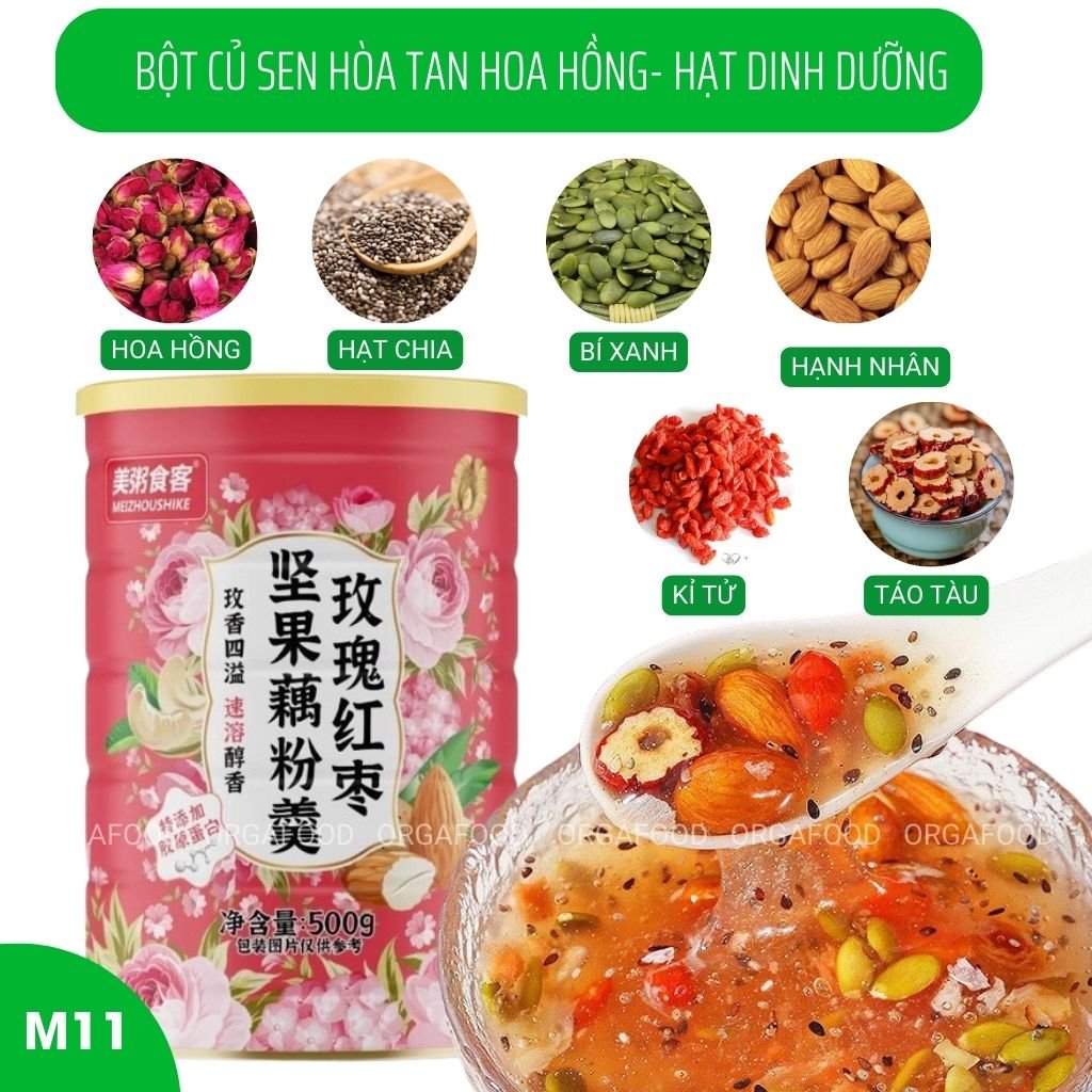 Bột củ sen mix Hoa Hồng hũ 500g, ngũ cốc ăn sáng healthy, giảm cân, eatclelan, thương hiệu Meizoushike
